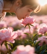  女孩闻粉色花卉特写5649#竖屏 	 
