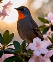  鸟儿栖息于盛开的花枝上6399#竖屏 	 