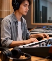  男子在录音室弹奏电子琴2591#竖屏 	 