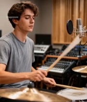  男子在录音室演奏架子鼓(2)5150#竖屏 	 