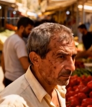  男子在集市摊位前驻足2395#竖屏 	 