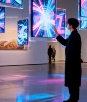  男子在展厅体验互动艺术装置5046#竖屏 	 