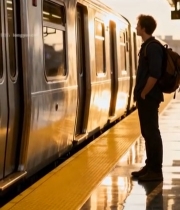  男子在地铁站台等候地铁4874#竖屏 	 