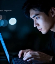  男子夜间专注使用笔记本电脑1724#竖屏 	 