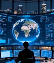  男子于控制室查看地球数据大屏7079#竖屏 	 