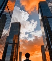  男子眺望城市高楼与晚霞(1)5767#竖屏 	 