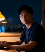  男子夜间在家使用电脑办公4401#竖屏 	 