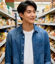  男子超市内微笑购物6697#竖屏 	 