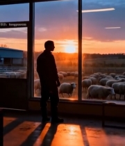  男子窗前观日落羊群5678#竖屏 	 