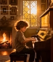  男孩室内钢琴前弹奏3045#竖屏 	 