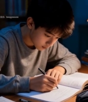  男孩夜间桌前学习写笔记1980#竖屏 	 