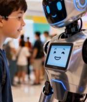  男孩与商场机器人互动场景6089#竖屏 	 