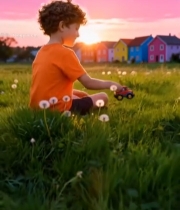  男孩草地夕阳下玩玩具车5509#竖屏 	 