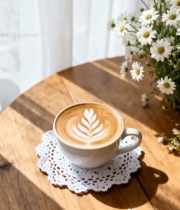  木桌上的拉花咖啡5097#竖屏 	 