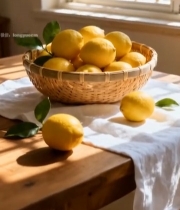 木桌竹篮中盛放的新鲜柠檬4173#竖屏 	 