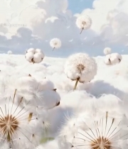  棉花地中蒲公英与白云景观4661#竖屏 	 