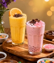  两杯特色饮品及配料特写372#竖屏 	 