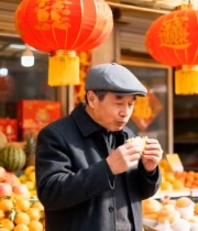  老人春节在水果摊品尝水果6181#竖屏 	 