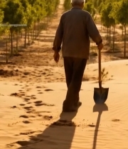  老人持铲行走于沙漠树林间6070#竖屏 	 