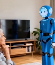  老人家中与蓝色机器人对视7899#竖屏 	 