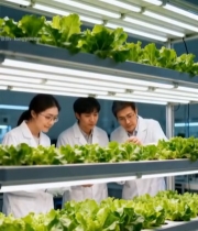  科研人员观察室内种植蔬菜4852#竖屏 	 