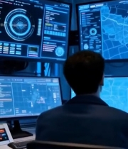  科技人员操控多屏幕监控台7685#竖屏 	 