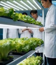  科研人员观察室内蔬菜种植5936#竖屏 	 