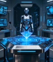  科幻实验室中的机器人与操作台4175#竖屏 	 