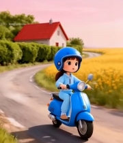  卡通女孩骑蓝色摩托穿行田野3005#竖屏 	 
