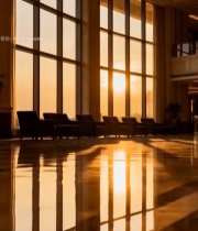  酒店大厅夕阳透过落地窗景象5109#竖屏 	 