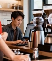  咖啡店女店员微笑服务画面4197#竖屏 	 