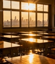  教室中透过窗户的日落城市景观3345#竖屏 	 