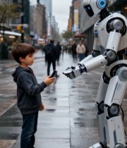  街头男孩与机器人互动素材177#竖屏 	 