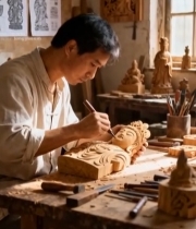  匠人专注木雕佛像细节5526#竖屏 	 