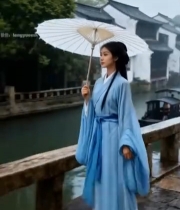  江南水乡撑伞汉服女子倚栏5635#竖屏 	 