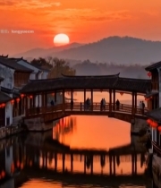  江南水乡日落古桥风景7097#竖屏 	 