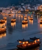  江边古城夜景游船画面4933#竖屏 	 