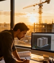  建筑师于窗前绘制建筑图纸6056#竖屏 	 