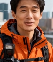  户外男子背着相机面带微笑779#竖屏 	 