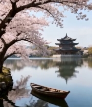  湖畔樱花古建筑小船风景6038#竖屏 	 