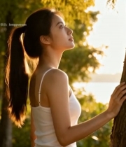  户外女子倚树侧颜特写7249#竖屏 	 