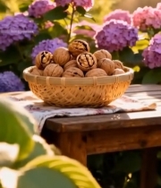  户外木桌竹篮中的核桃1961#竖屏 	 