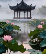  湖畔古亭荷花晨景(1)7512#竖屏 	 