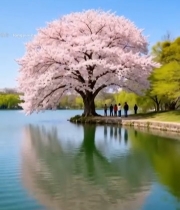  湖畔盛开的樱花树2794#竖屏 	 