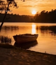  湖畔日落小船静谧风景666#竖屏 	 