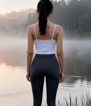  湖畔女子背影运动健身素材1519#竖屏 	 