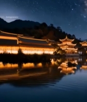  湖畔古建夜景星空画面4495#竖屏 	 