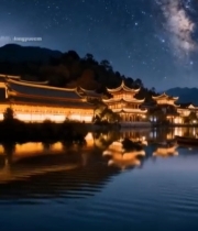  湖畔古建夜景星空画面4495#竖屏 	 