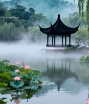  湖边荷花与古亭自然风光7063#竖屏 	 