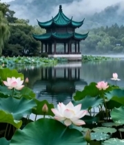  湖景中式凉亭荷花自然风光1349#竖屏 	 